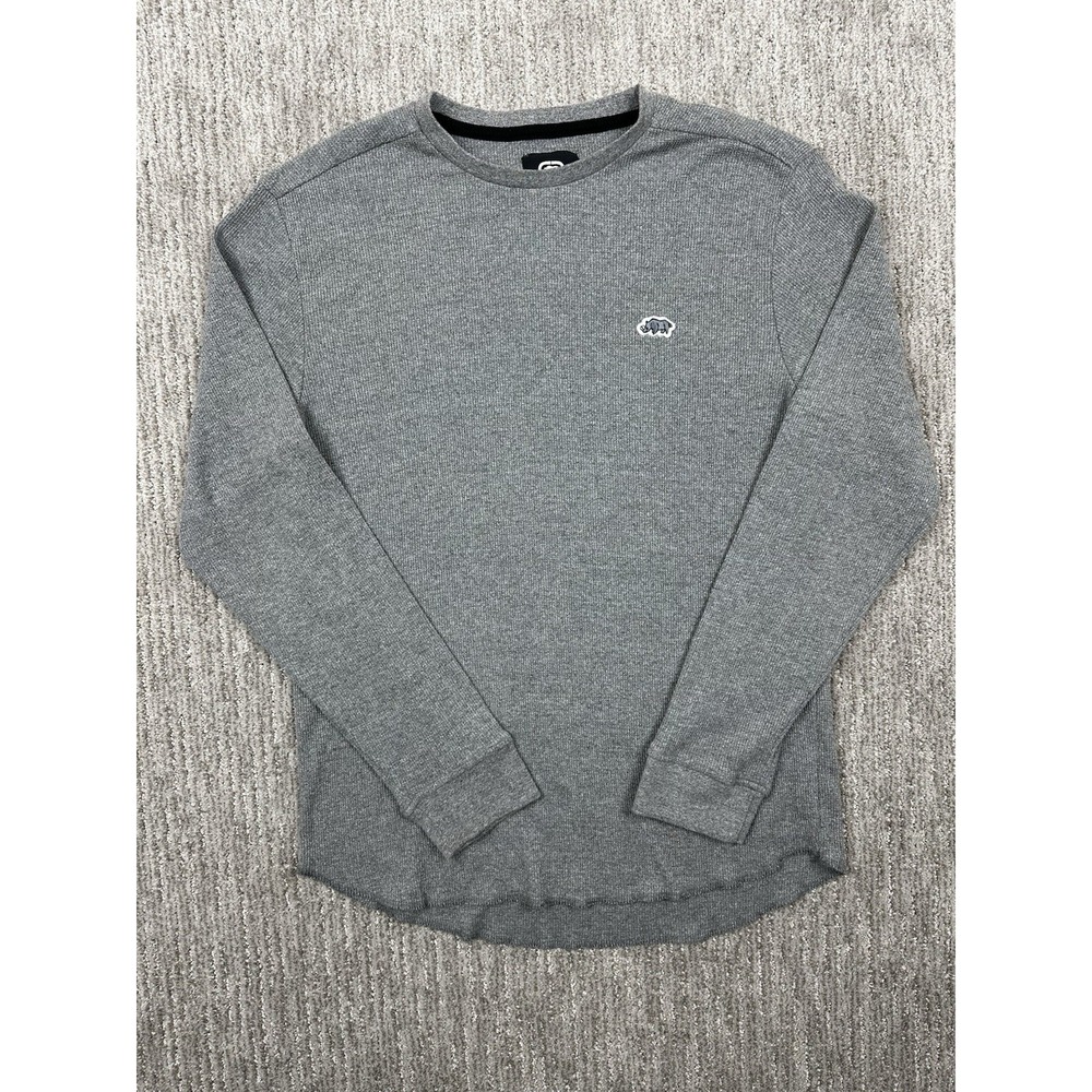 Ecko Shirt Mens Medium Gray Unltd Waffle Knit Thermal Long Sleeve Logo Crewneck
